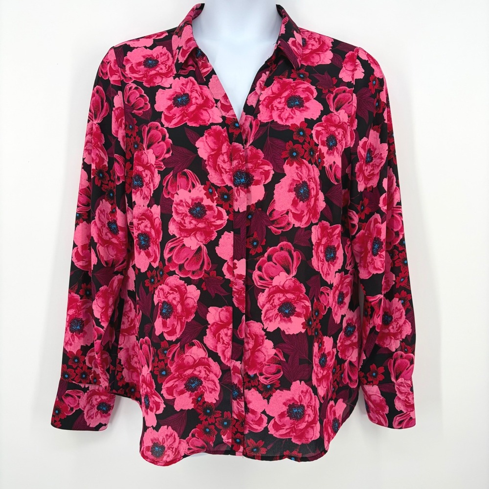Worthington Blouse Floral Hidden Button Down Pink Red Tall XLT Office Teacher